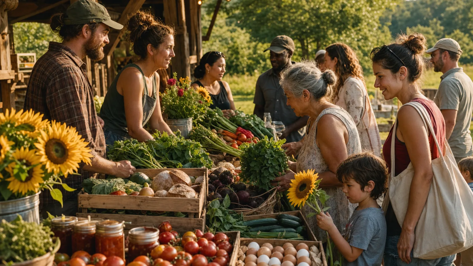 Neighbors of different ages talking with growers around produce, bread, eggs, flowers, and preserves at a local farmstand