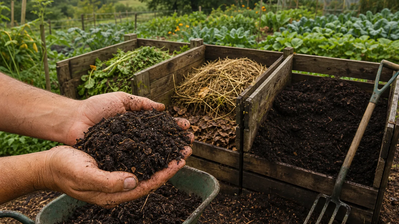 A grower holding finished dark compost in front of a three-bin compost system and thriving vegetable rows