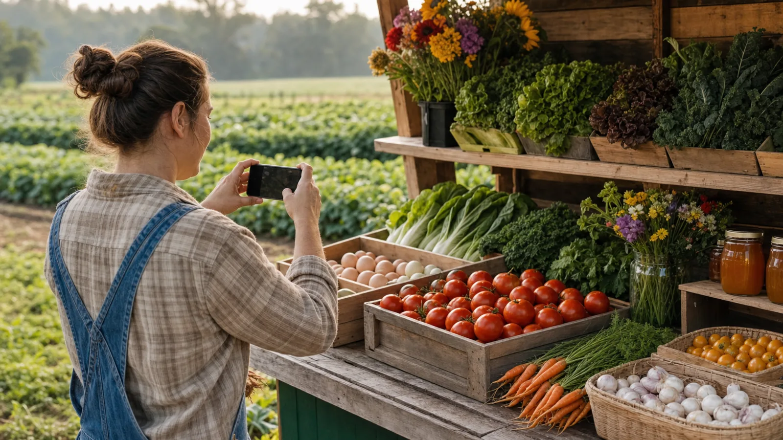 A grower photographing a colorful farmstand display with a smartphone beside vegetable fields