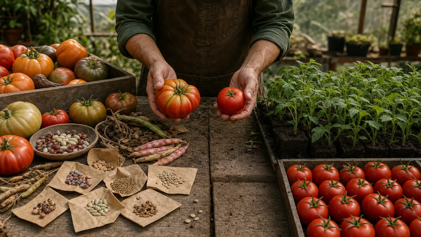 A grower comparing an irregular heirloom tomato with a uniform hybrid beside saved seeds and young seedlings