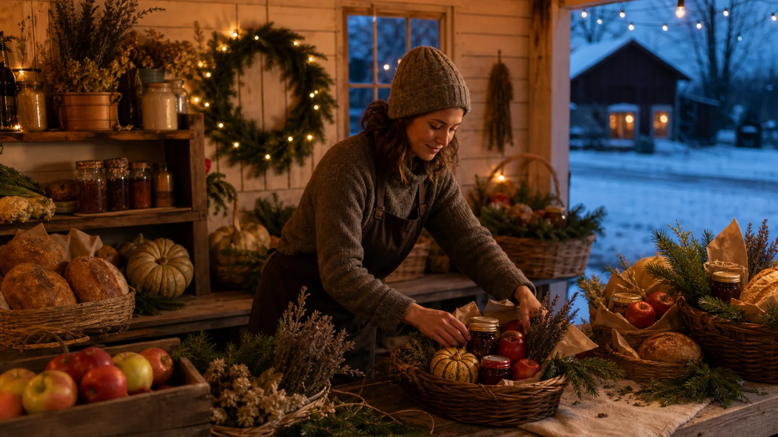 A grower arranging apples, preserves, bread, squash, herbs, and evergreen sprigs into holiday farmstand gift baskets