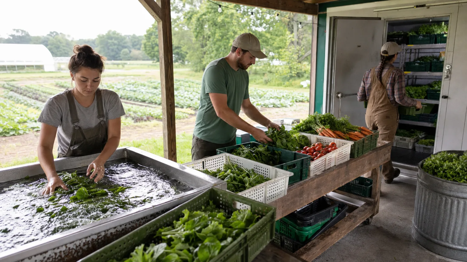 Growers washing, draining, packing, and cooling fresh vegetables in a shaded small-farm wash area