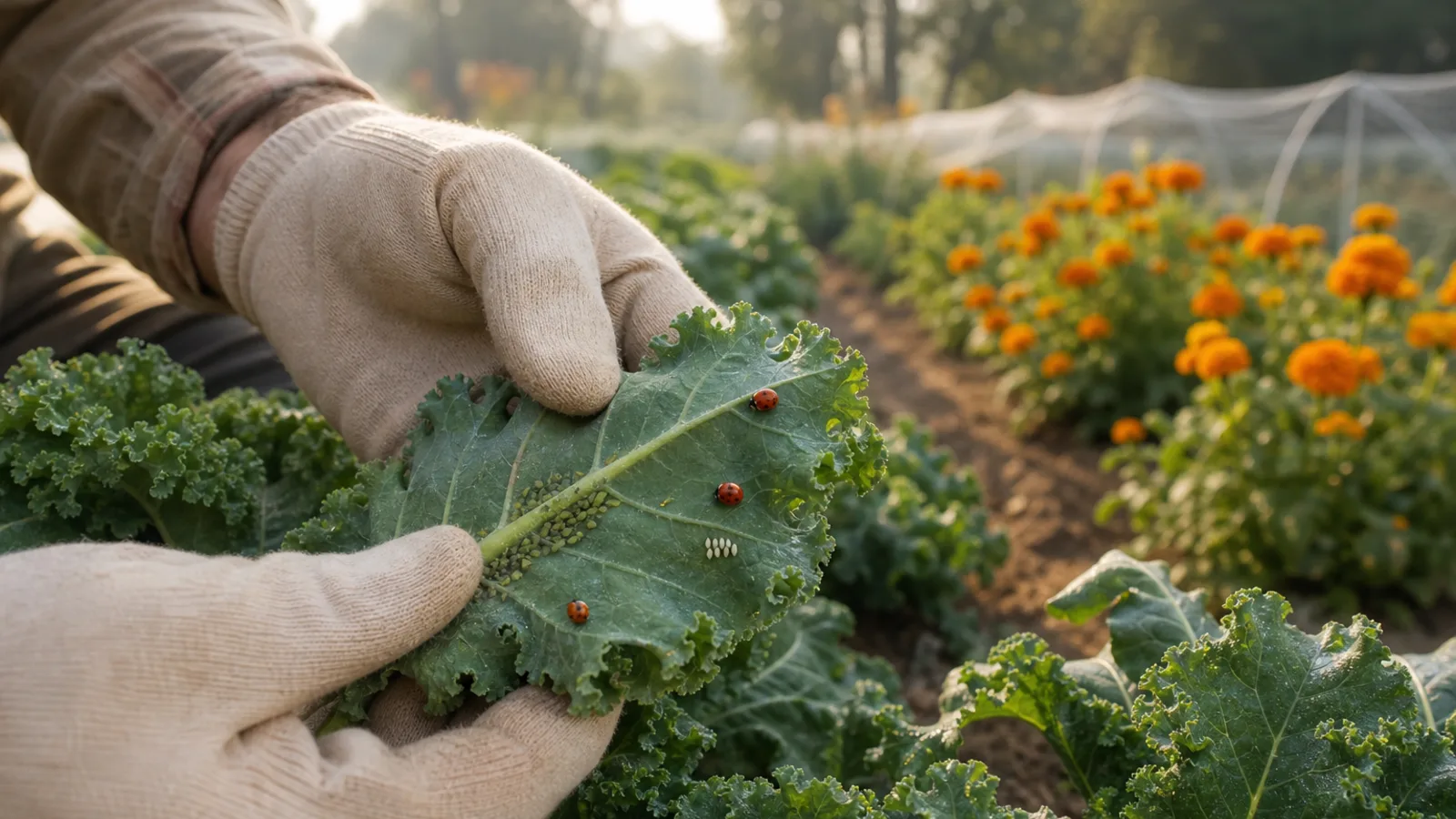 Gloved hands inspecting aphids and lady beetles on the underside of a kale leaf in a protected vegetable garden