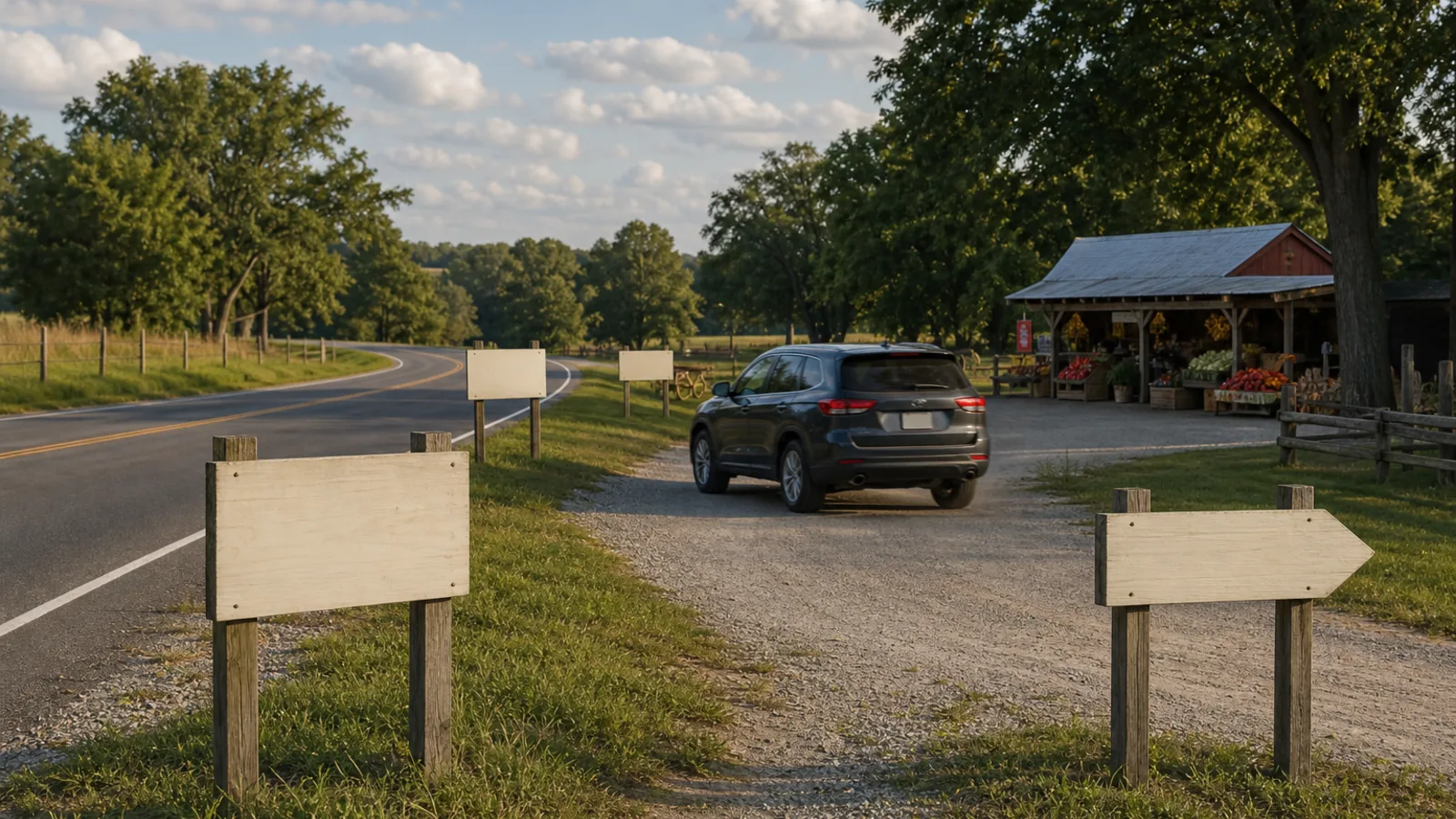 Blank wooden wayfinding signs leading drivers toward a farmstand with a wide gravel pull-off