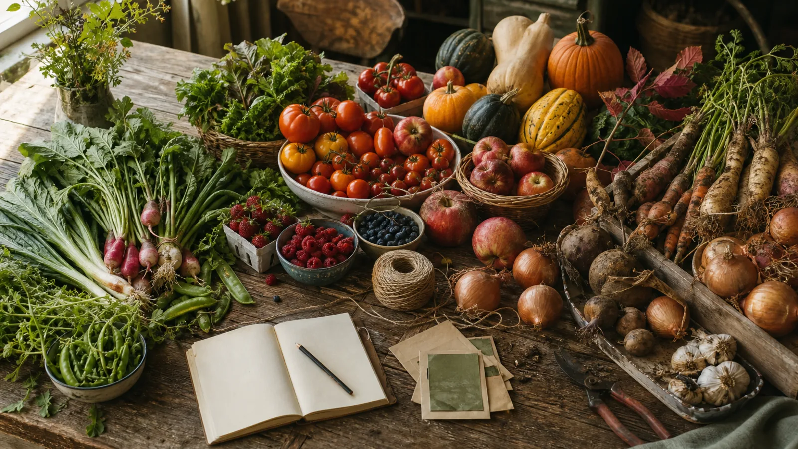 A farmhouse harvest table filled with spring greens, summer tomatoes and berries, fall squash and apples, and winter roots
