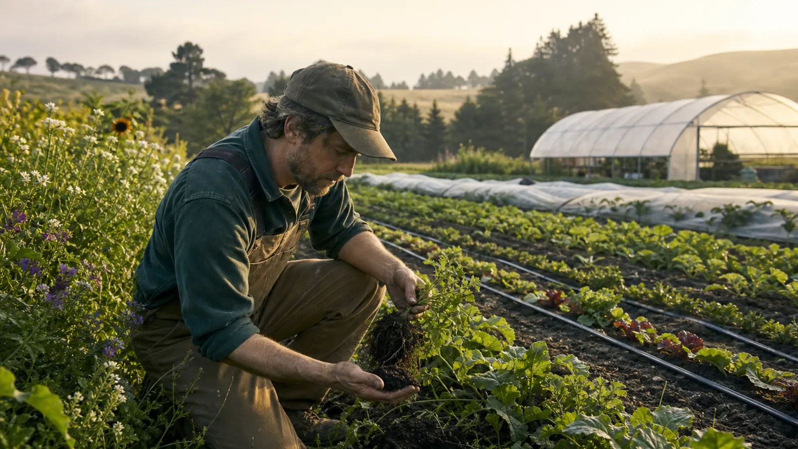 A farmer inspecting dark soil and plant roots beside vegetable rows, pollinator flowers, drip lines, and a hoop house